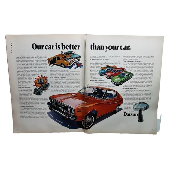 1974 Datsun 710 Print Ad Our Car is Better Than Yours Vintage Auto 2 Page Poster - Picture 1 of 1